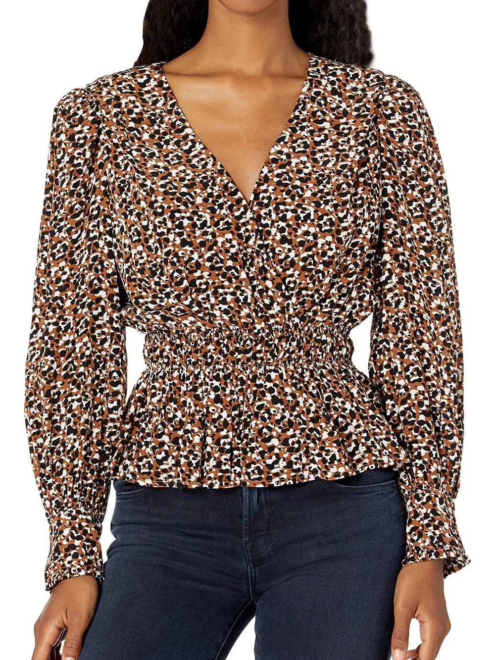 ASTR the label Rebecca V-Neck Long Sleeve Wrap Top Brown Multi Animal Print sz S